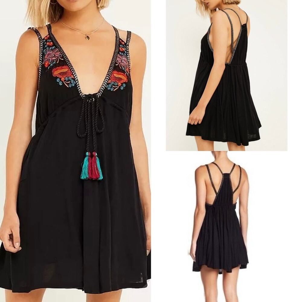 Free People Womens Cove Embroidered  Mini Dress Black Size M.